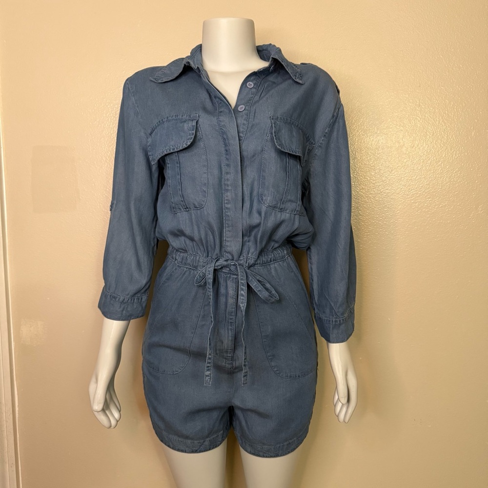 Blue romper 3/4 sleeve length with drawstring waist